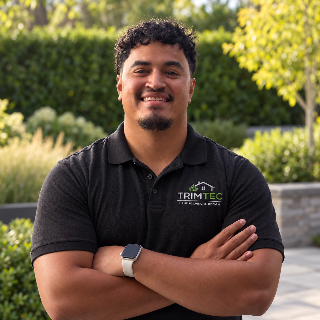 Shane Stone, owner of Trimtec Landscaping and Design, wearing a black Trimtec polo shirt.
